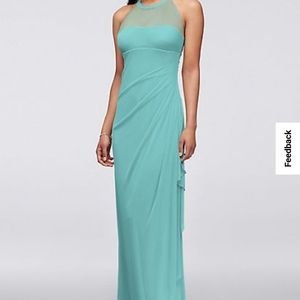 Sleeveless Long Mesh Dress with Illusion Neckline in Color "Spa"
